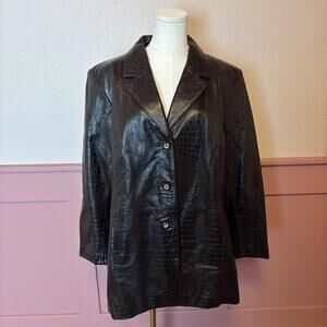 90s Deadstock Leather Croc Embossed Brown Coat Elisabeth Liz Claiborne Sz 14